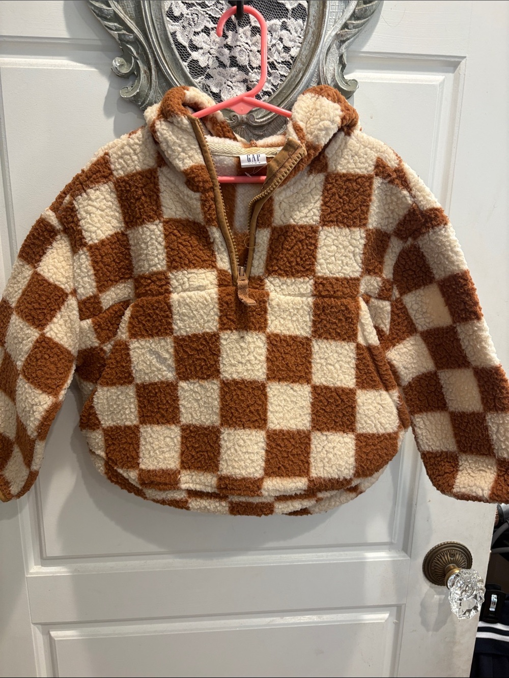 GAP Kids Brown & Cream Checkered Sherpa Half-Zip Pullover